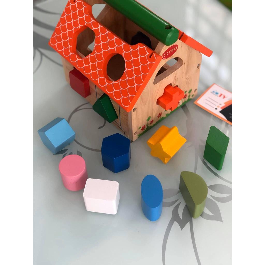 Bộ thả hình khối nhiều màu sắc hình dạng | Nhà thả 12 khối | Đồ chơi gỗ Việt Nam
