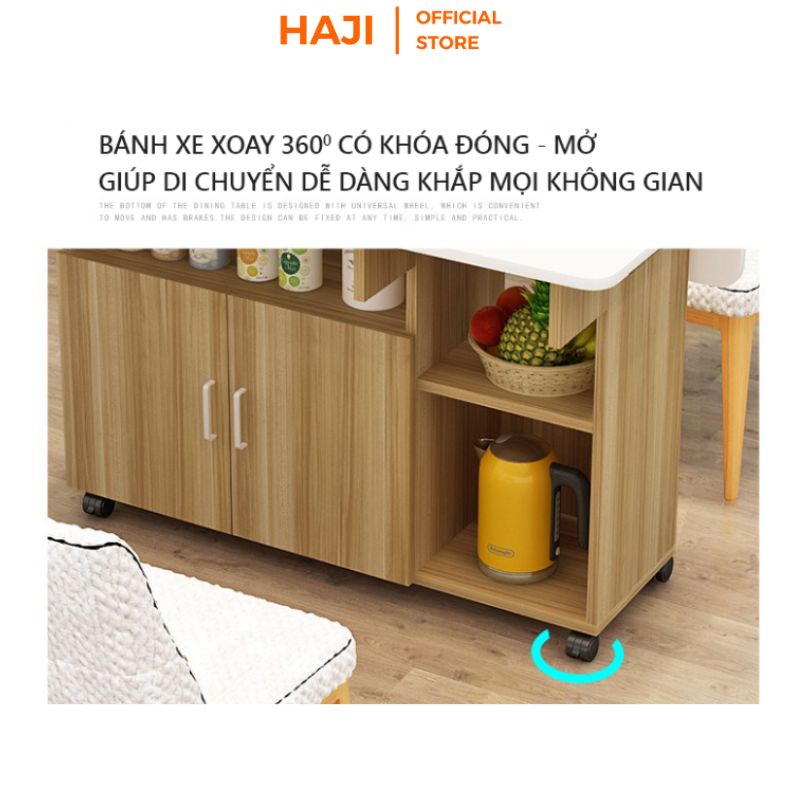 Bàn ăn thiết kế thông minh gấp gọn có bánh xe di động kèm hộc tủ lưu trữ đồ tiện lợi cho phòng bếp phòng khách thương hiệu Haji - GP286