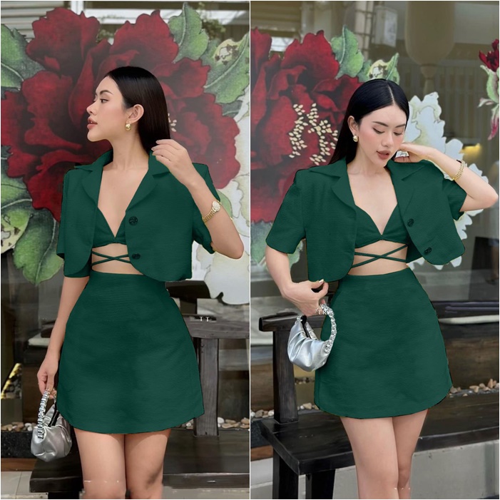 SET ÁO DÂY CROPTOP BRA BIKINI ĐI BIỂN + KHOÁC LỬNG BLAZER SƠ MI VEST TAY NGẮN + CHÂN VÁY NGẮN SUÔNG TRƠN LƯNG CAO DẠO PHỐ DỰ TIỆC