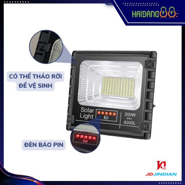 Đèn pha led năng lượng mặt trời 200w chính hãng JINDIAN JD-8200L Chip Led SMD ,Khung  Nhôm 