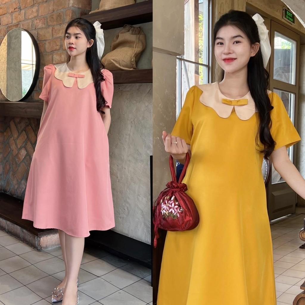 Đầm bầu công sở cổ sen phối nơ chất cotton lạnh phom suông gọn dáng thanh lịch - Xanh đậu