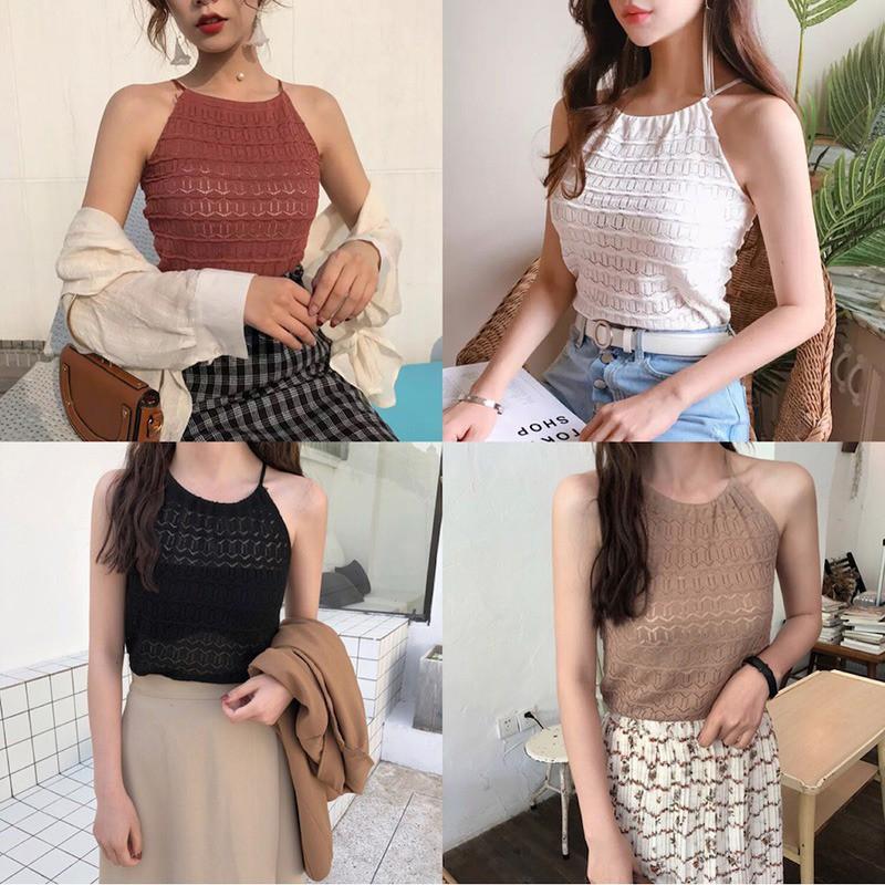 Áo nữ không tay dệt kim thiết kế cổ yếm quyến rũ