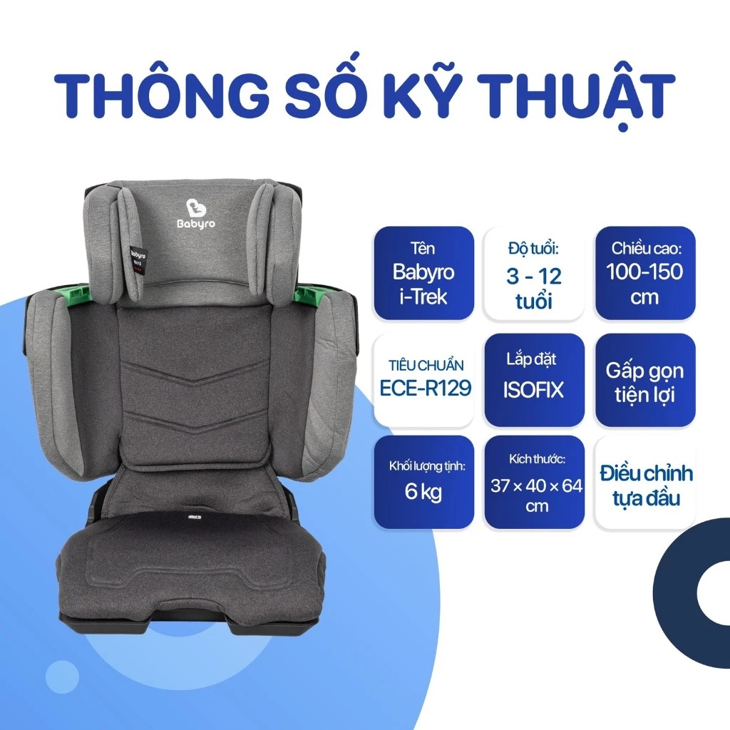 Ghế ngồi ô tô gấp gọn cho bé Babyro i-Trek, cho bé 3-12 tuổi, lắp đặt isofix, tiêu chuẩn R129 bảo vệ cổ vai gáy - Hàng chính hãng
