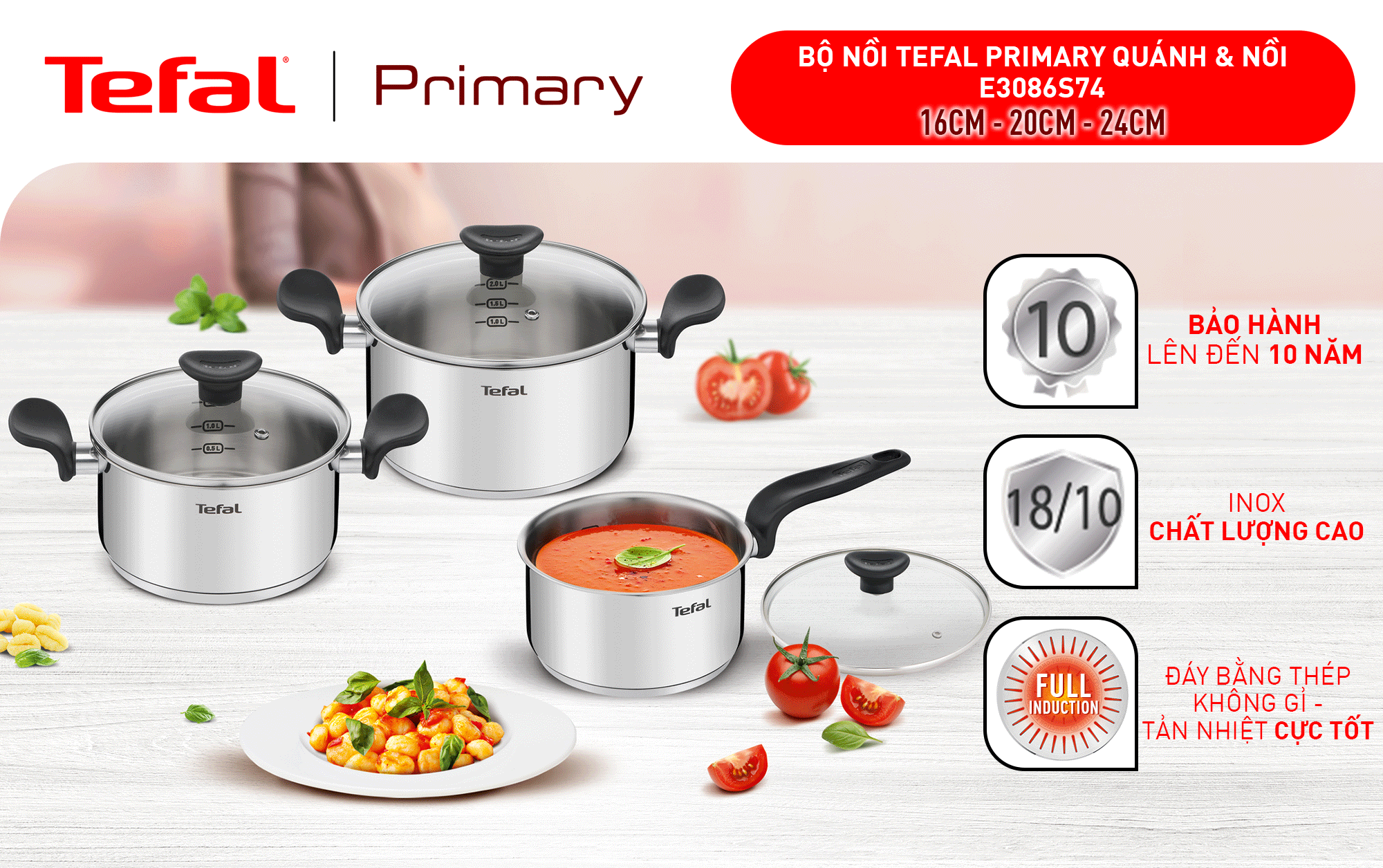 Bộ 3 nồi Inox cao cấp Tefal Primary (nồi cán dài 1.5L, nồi 3L và 5.3L)- Hàng chính hãng