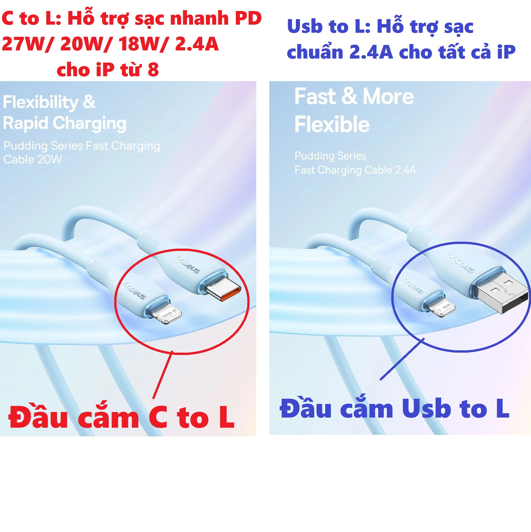 Dây sạc nhanh C to L PD 20W 18W cáo silicon siêu mềm chống rối cho iP Baseus Pudding Series _ Hàng chính hãng