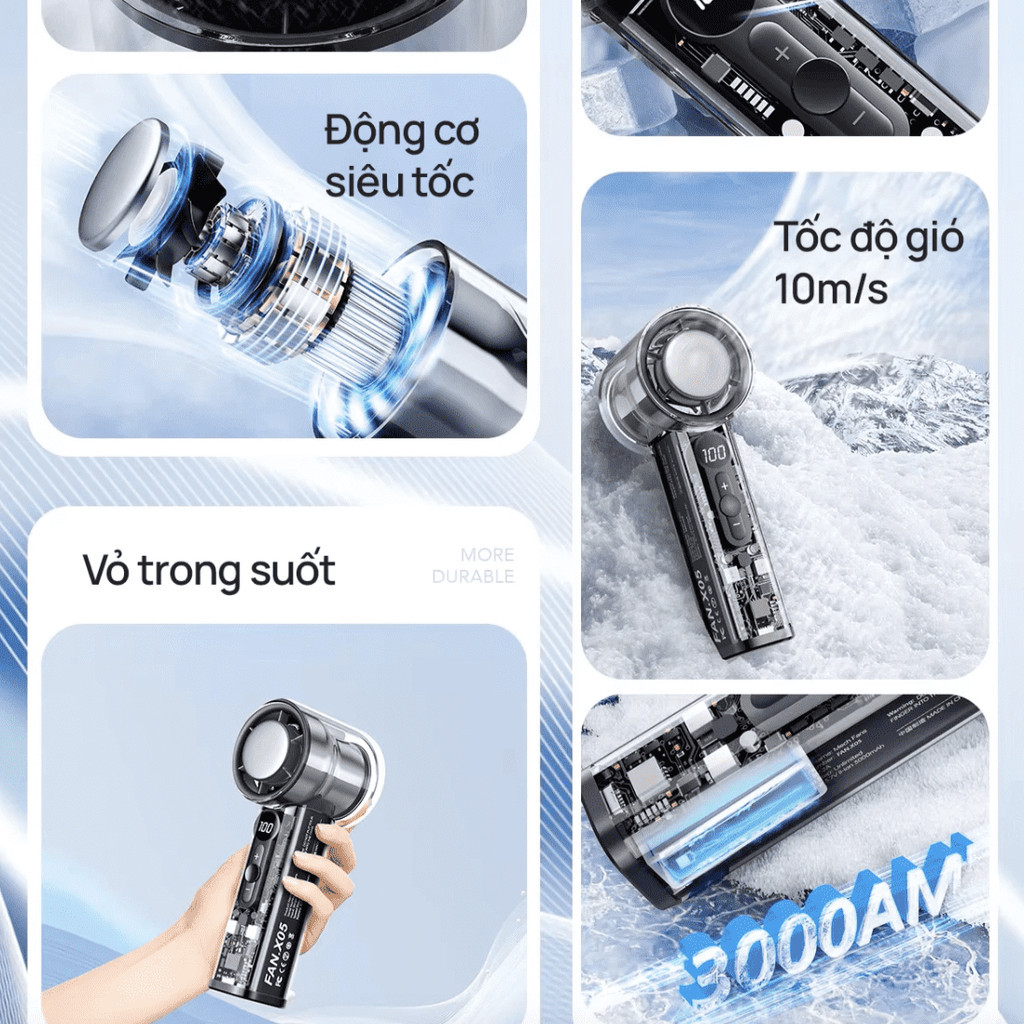 Quạt Sò Lạnh Gấp Gọn 3000Mah Fc08 Với 7 Cánh Quạt 100 Cấp Gió, Màn Hình Led Vỏ Trong Suốt