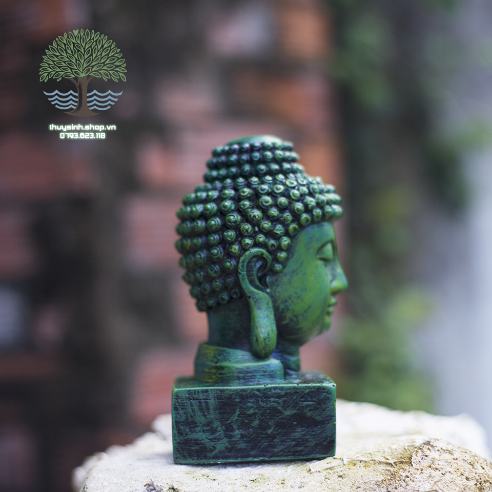 Diện Phật Thích Ca màu xanh rêu cao 15cm trang trí hồ cá, thuỷ sinh, tiểu cảnh, bán cạn, terrarium