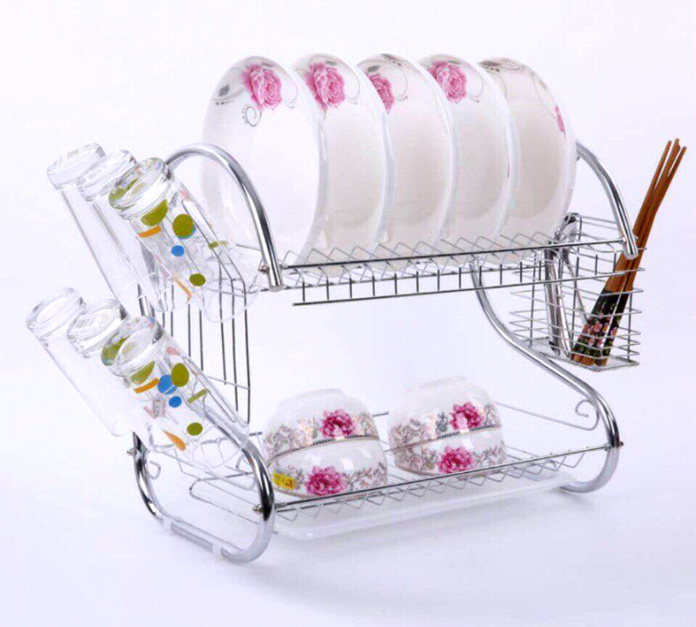 Kệ để và sắp xếp chén bát 2 tầng bằng inox 304 cao cấp kèm ống đũa và giá treo cốc ráo nước 3 in 1 cao cấp thiết kế khay hứng nước bên dưới - Sắp xếp không gian bếp gọn gàng