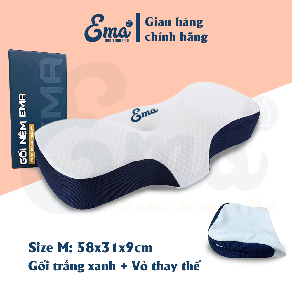 Gối Cao Su Non Công Thái Học Chống Đau Vai Ngáy, Ngủ Ngáy, Hỗ Trợ Ngủ Nhanh Ema - Thiết Kế Riêng Biệt Cho Tư Thế Nằm Ngửa Và Nằm Nghiêng - 1 Gối Trắng Xanh Size M Vỏ Thay Thế