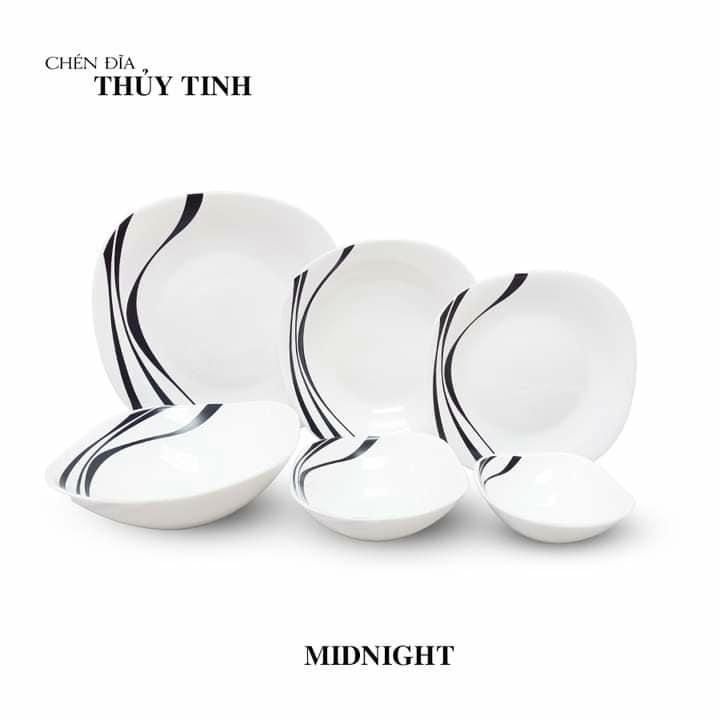 Bộ chén đĩa thủy tinh vuông Midnight 14 món hoạ tiết hoa văn sang trọng, chịu nhiệt cao, thích hợp là quà tặng