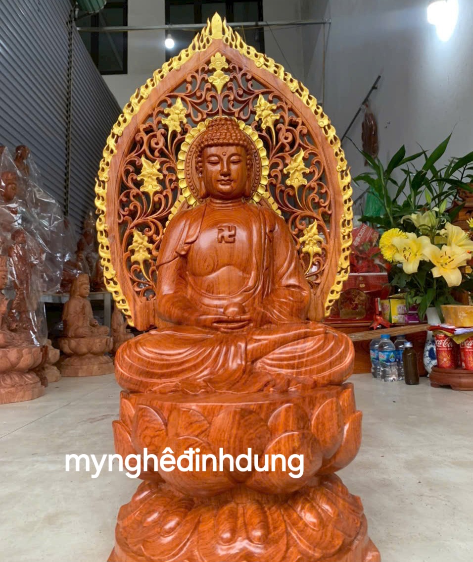 Tượng phật adi đà bằng gỗ hương đá 30x17x16cm+ lá chắn hòa quang cao tổng 41cm