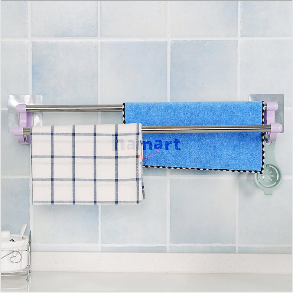 Giá Treo Khăn Nhà Tắm Dán Tường 2 Thanh INOX Giá Treo Vung Nồi Móc Đồ Nhà Bếp Tiện Lợi