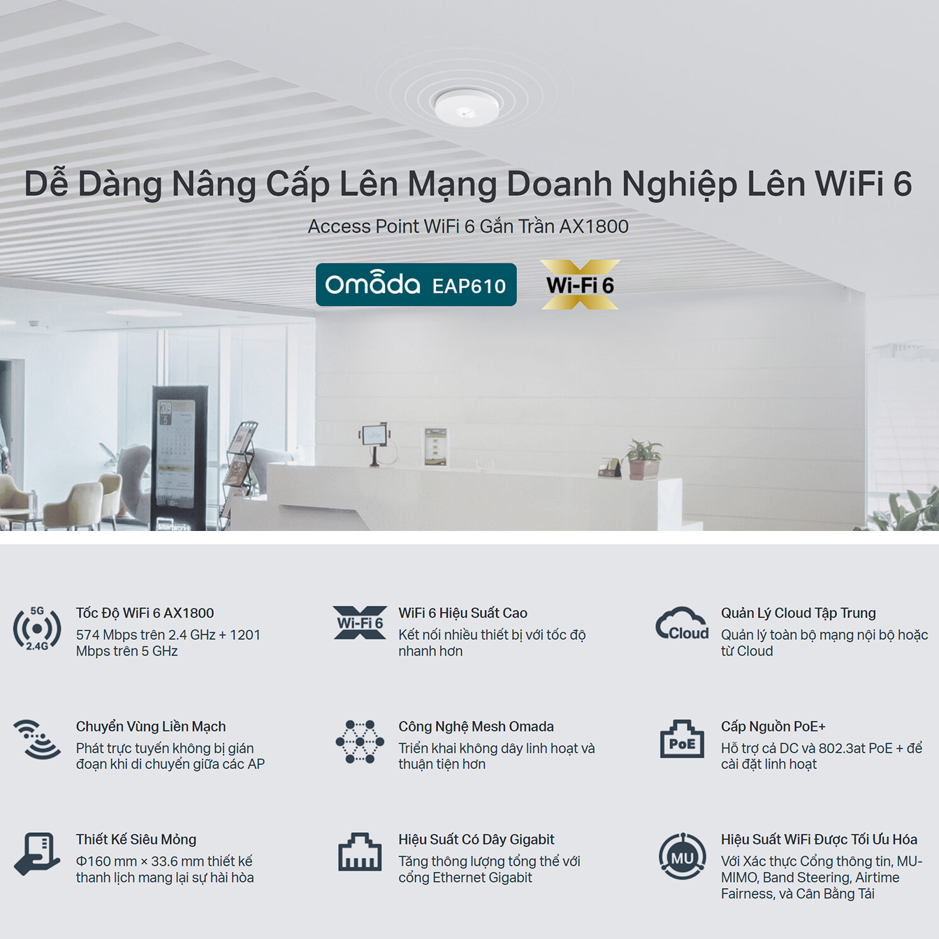 Thiết bị thu phát Wifi gắn trần TP-LINK EAP610 băng tần 2.4GHz / 5GHz - Hàng chính hãng