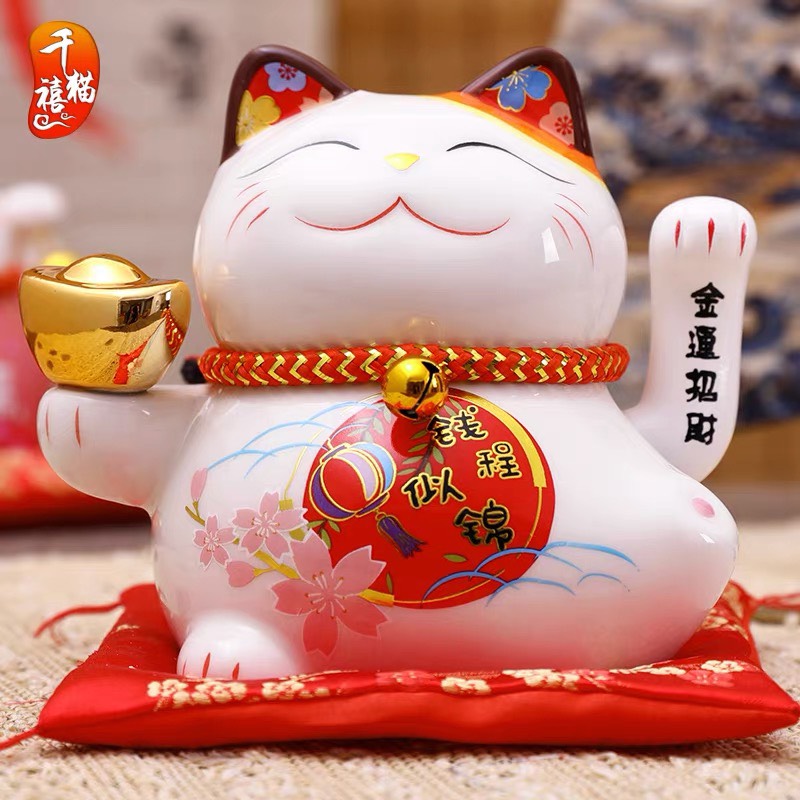 Mèo Thần Tài Sứ , Mèo May Mắn Maneki Neko vẫy tay cao 14cm Vẩy Tay Gọi Khách BÁT PHƯƠNG KHAI TÀI