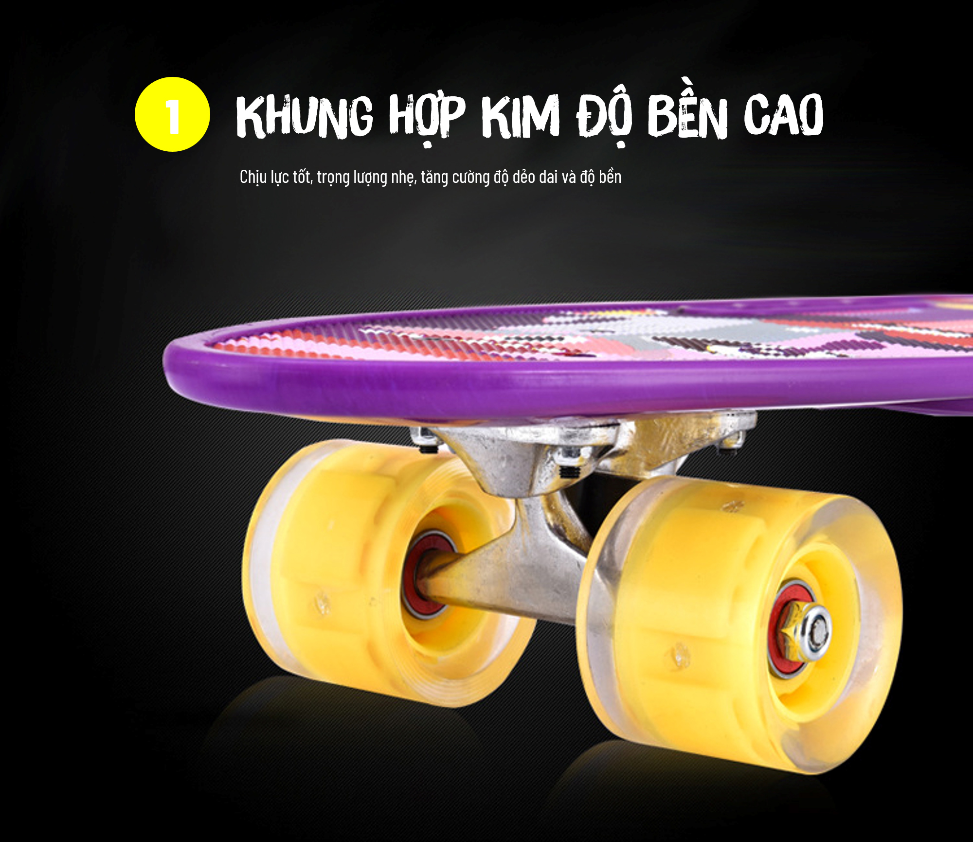 Ván Trượt Skateboard Penny - Có Tay Cầm - Trục Kim Loại To - Bánh Cao Su Có Đèn Led