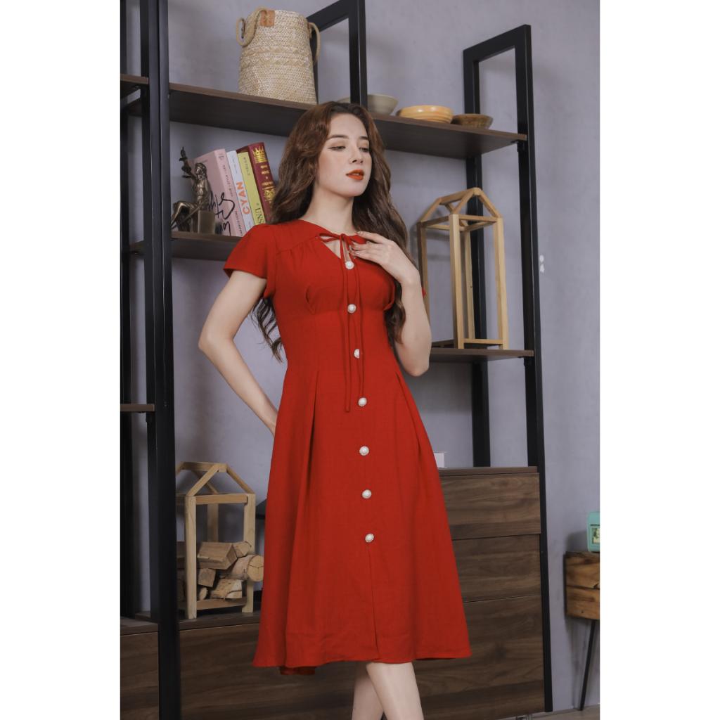 Váy Nữ Vải Xước Màu Đỏ Cao Cấp 23V042 Pi Style