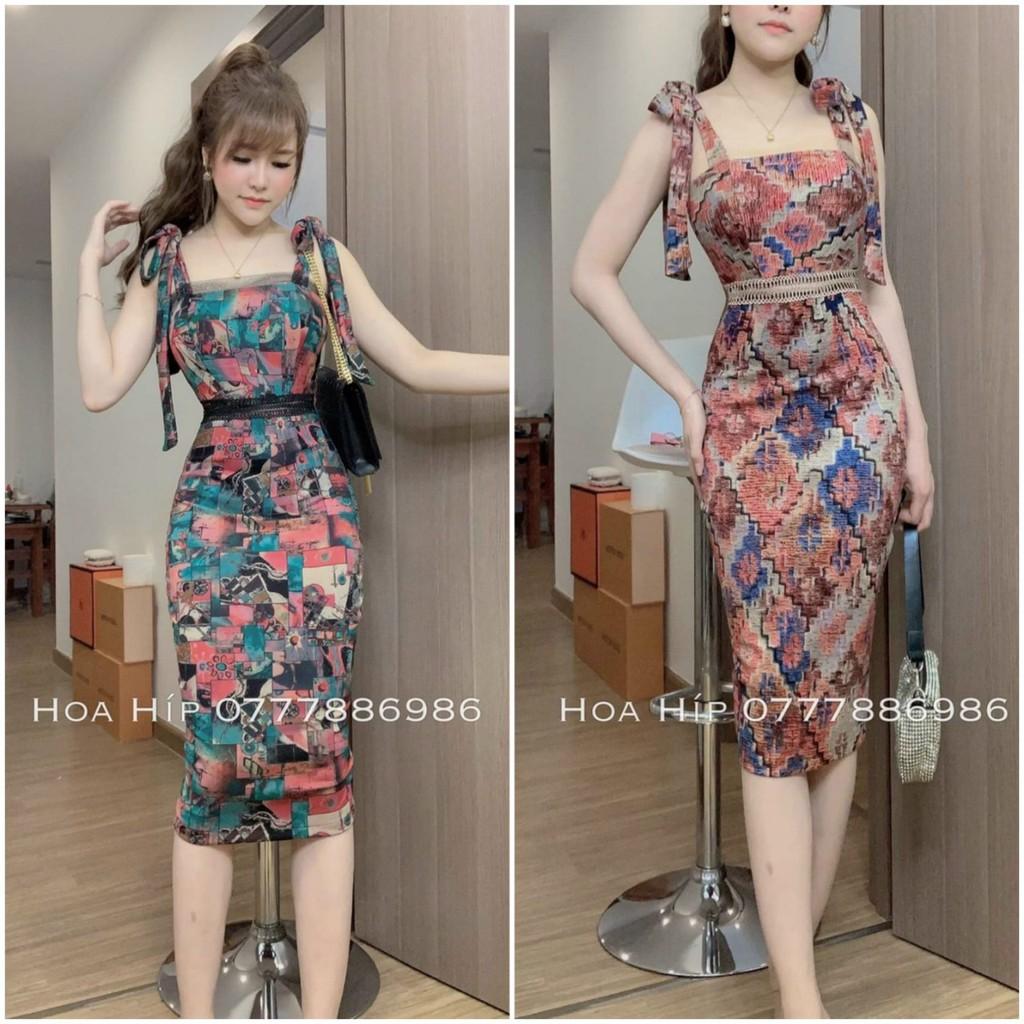 Đầm body dài hoạ tiết 2s cột nơ vai y hình
