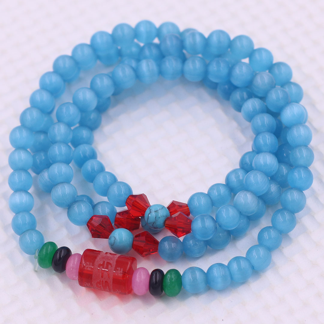 Vòng chuỗi 108 hạt đá mắt mèo xanh biển charm lục tự kim ngôn - hạt 8 ly , vòng chuỗi niệm Phật, vòng chuỗi đeo tay