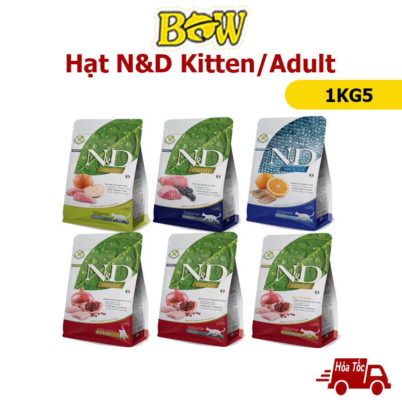 Hạt cho mèo N&amp;D 1.5kg cao cấp thức ăn cho mèo con và mèo trưởng thành Prime Kitten / Adult không độn ngũ cốc