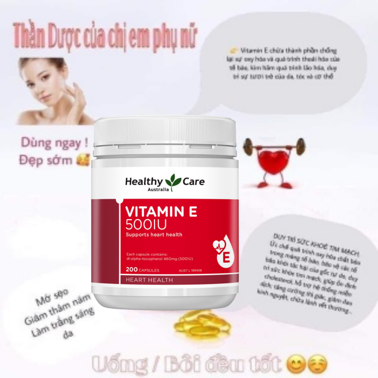 Vitamin E Úc Healthy Care 500IU Hỗ trợ hệ thống tim mạch khỏe mạnh, giúp làm đẹp da, mượt tóc và làm chậm quá trình lão hóa - Massel Official