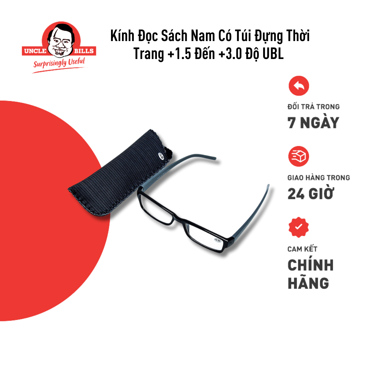 Kính Đọc Sách Nam Có Túi Đựng +1.5 Đến +3.0 Độ Uncle Bills AE0474