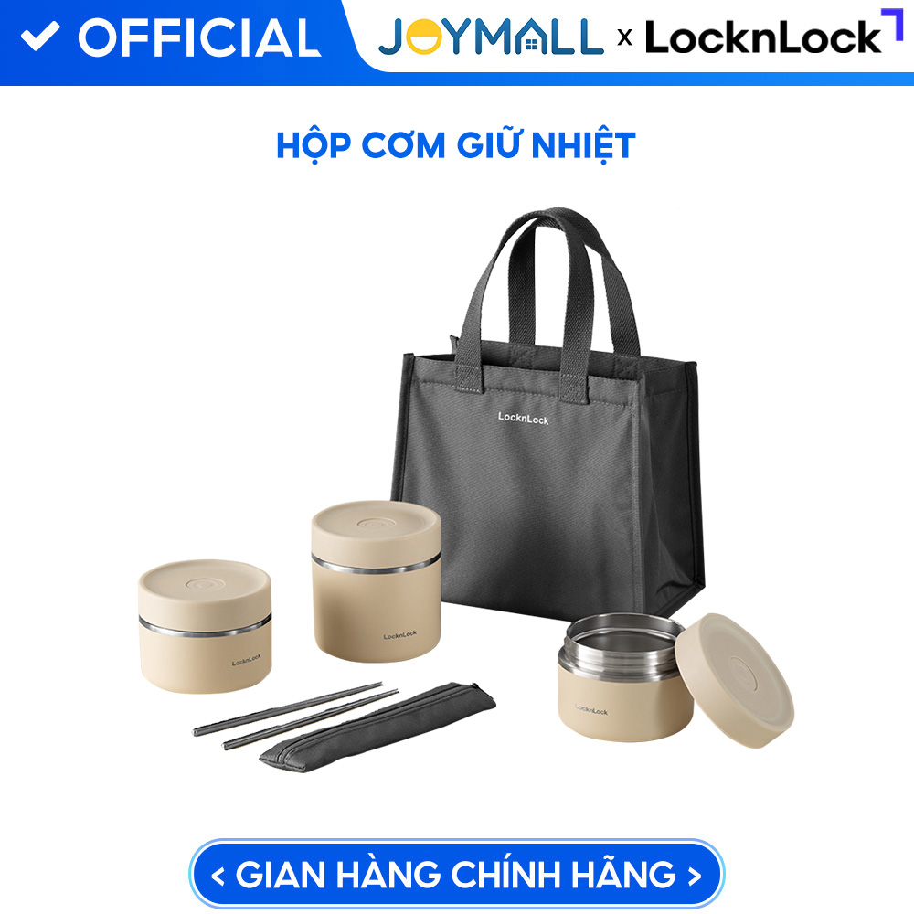 Bộ hộp cơm giữ nhiệt LocknLock Lunch Box LHC8052S02, Hàng chính hãng, 3 hộp giữ nhiệt, kèm túi và bộ muỗng đũa - Màu Be - LHC8052S02B