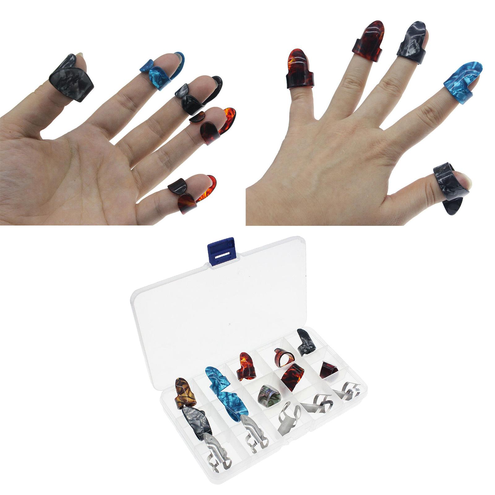 Pack of 15 Guitar Thumb Finger Picks, Colorful Nail Plectrum, for Guitar Bass Banjo Plastic and Stainless Steel 15 Grid Box