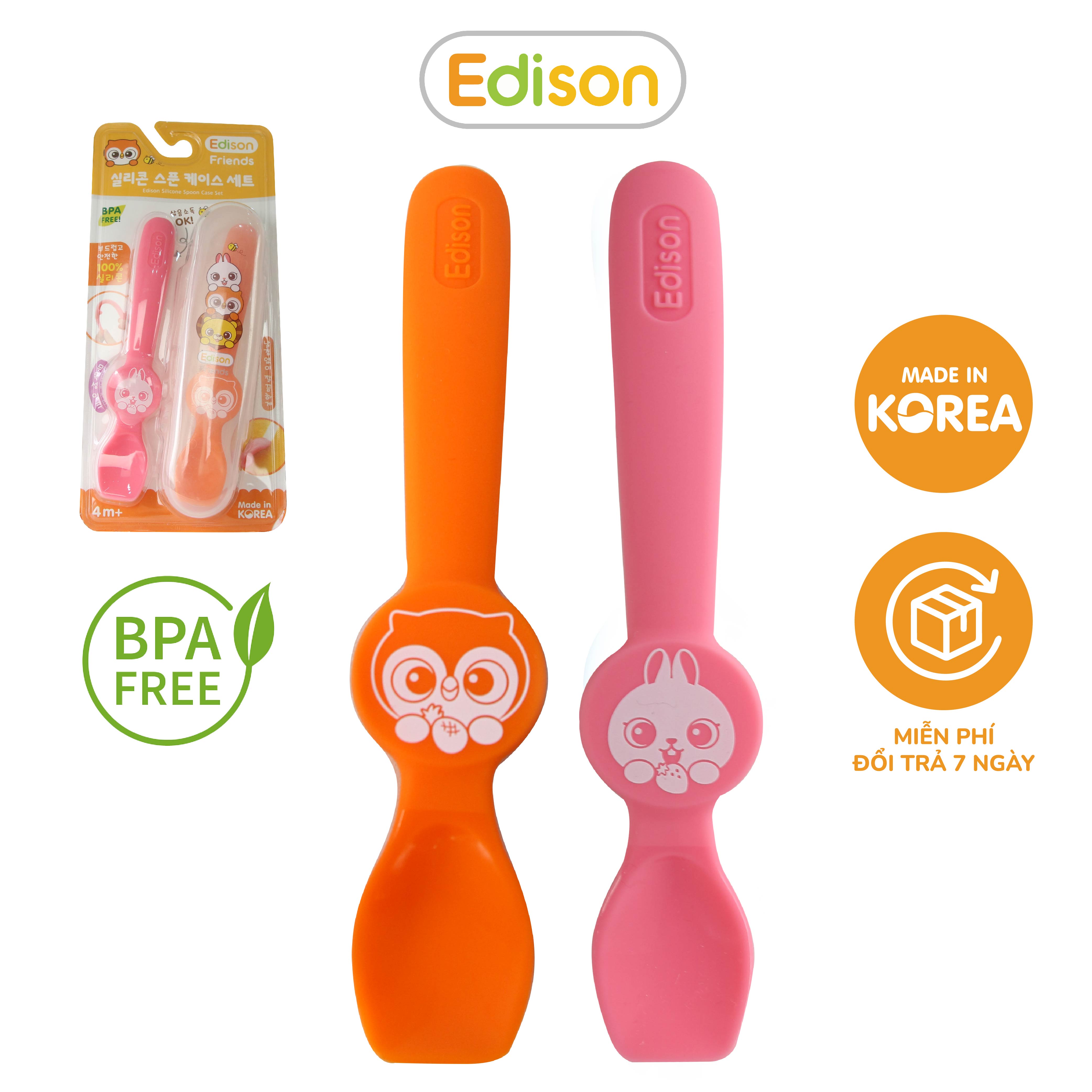 MADE IN KOREA Set 2 thìa ăn dặm silicon Hàn Quốc Edison - thìa tập xúc siêu mềm hình Cú-Sư Tử và Cú-Thỏ hàng chính hãng