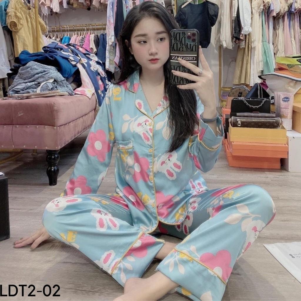 BỘ PIJAMA LỤA SATIN DÀI TAY HỌA TIẾT THỎ CỰC XINH