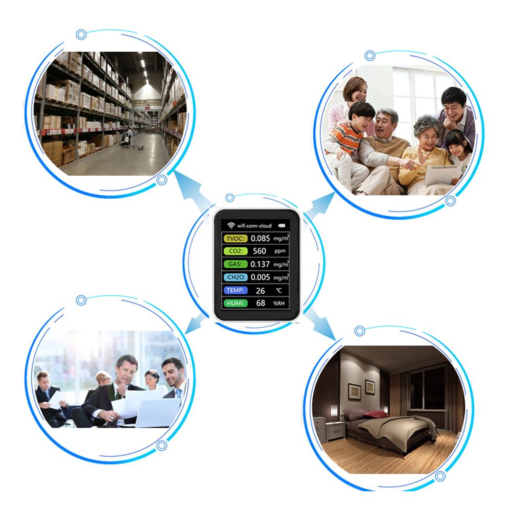 Tuya WiFi Portable Home Office Indoor Desktop Air Quality Detector 6 In 1 Multifunctional Detector TVOC CO2 Gases CH2O Temperature Humidity Detecting Intelligent Linkage Mobilephone APP Remotes Viewing