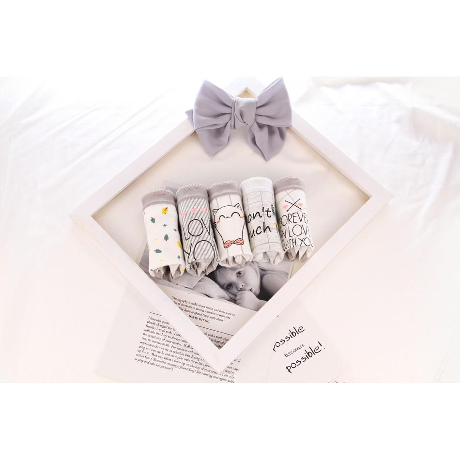 Hộp 05 quần lót cotton hình mèo ghi trắng