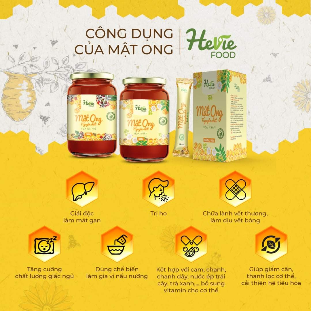 Mật ong nguyên chất xuất khẩu HeVieFood hoa nhãn/ hoa cafe chai 900g