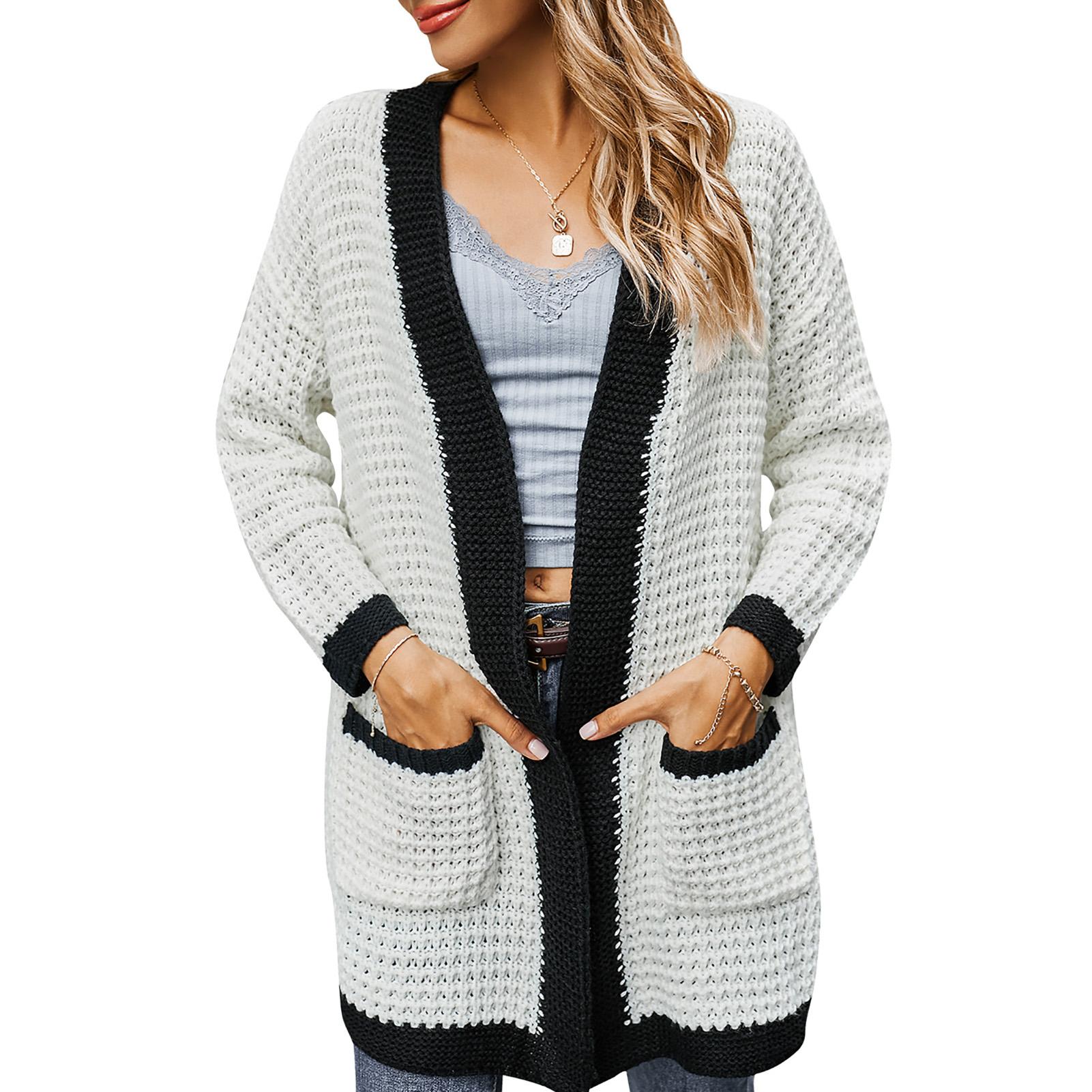 Knitted Cardigan for Women Long Open Front Cardigan Hollow Out Pockets Thick Sweater Long Sleeve Loose Coat Winter