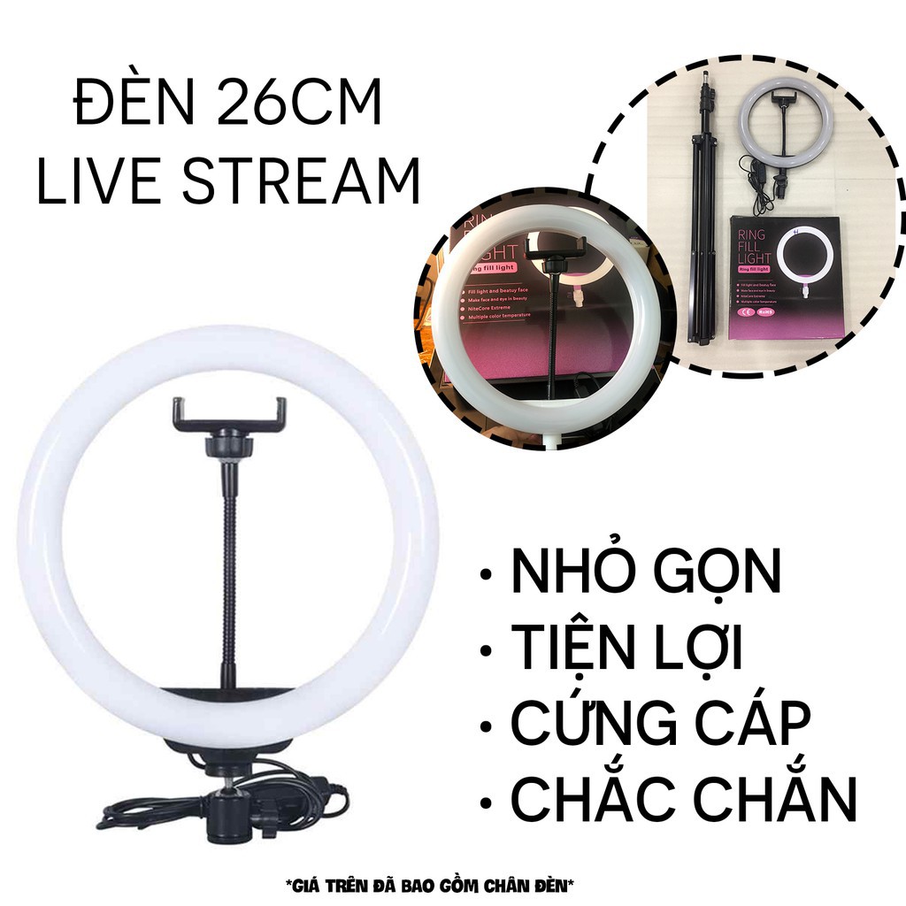 Đèn Livestream size 26 36 45 cm và chân đế 2m hỗ trợ chụp ảnh Make up trang điểm nhiều chế độ sáng, kèm kẹp điện thoại - Hàng chính hãng