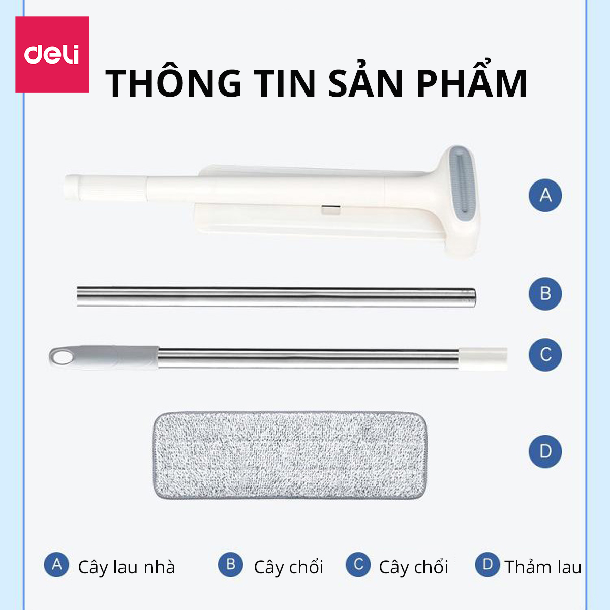 Cây Lau Nhà Thông Minh Tự Vắt, Chổi Lau Nhà 360 Độ Đa Năng Deli - Phù Hợp Lau Dọn Vệ Sinh Nhà Tắm Phòng Khách Phòng Ngủ - VS1008 VS1009