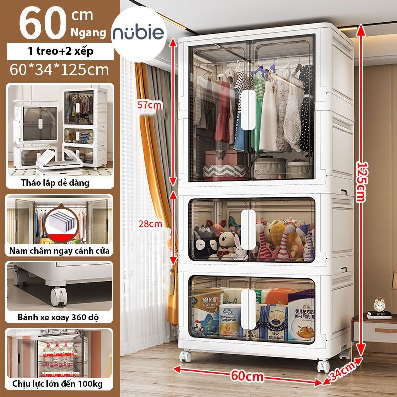 Tủ Nhựa Gấp Gọn Nubie Ngang 60/70/80cm Có Ngăn Treo Quần Áo, Đựng Đồ Dùng Size Lớn, Bánh Xe Xoay