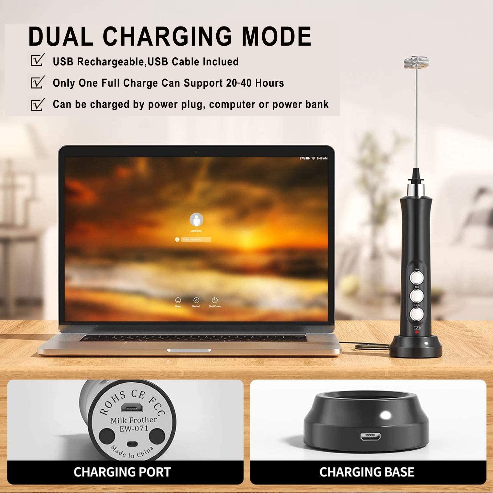 Mousseur sữa điện, 3 trong 1 USB có thể sạc lại, 3 tốc độ điều chỉnh với 3 đầu máy khuấy bằng thép không gỉ, cappuccino, trứng đánh, cà phê
