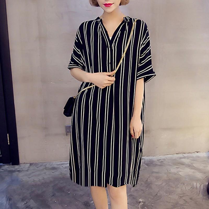 Đầm Sơ Mi Kẻ Sọc Tay Ngắn Dáng Rộng