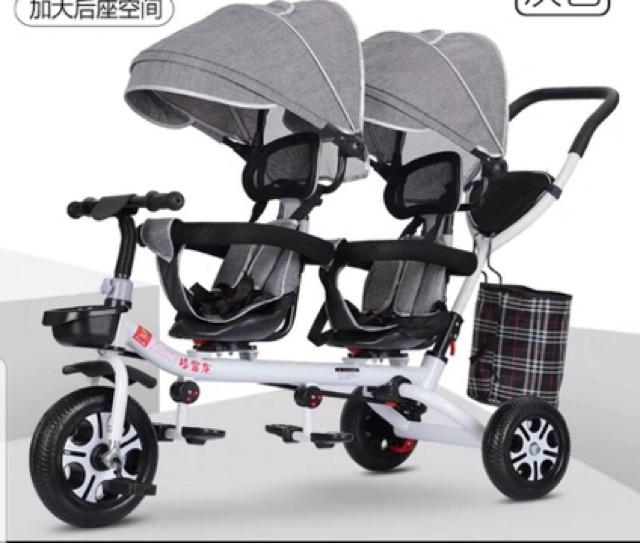Xe đẩy đôi cho bé bánh cao su, ghế xoay 360 độ
