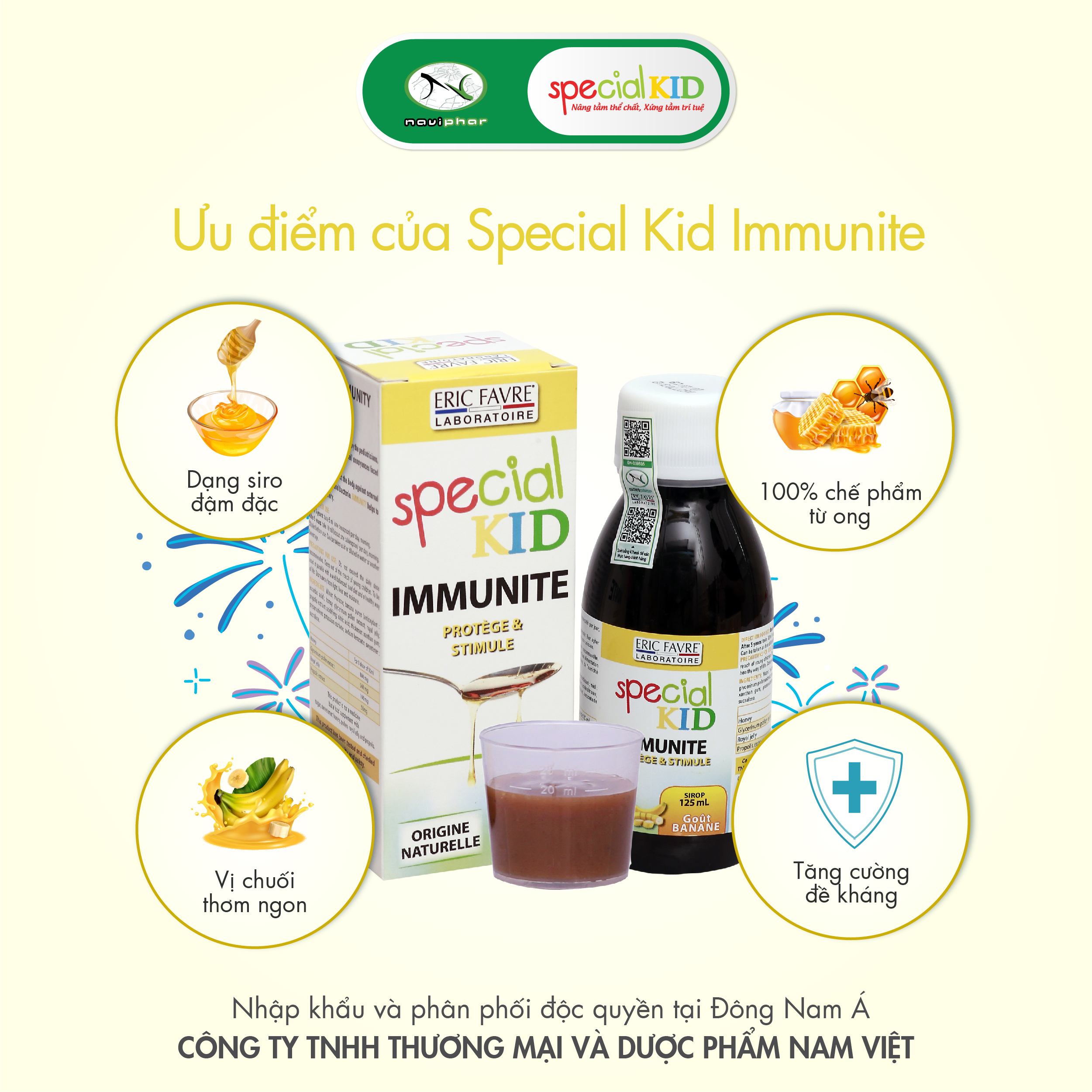 SPECIAL KID IMMUNITE - Siro Tăng cường sức đề kháng - Hỗ trợ giảm nguy cơ mắc bệnh do nhiễm khuẩn - Chiết xuất từ ong: Mật ong, Phấn hoa, Sữa ong chúa, Keo ong - Nhập khẩu Pháp - (125ml)