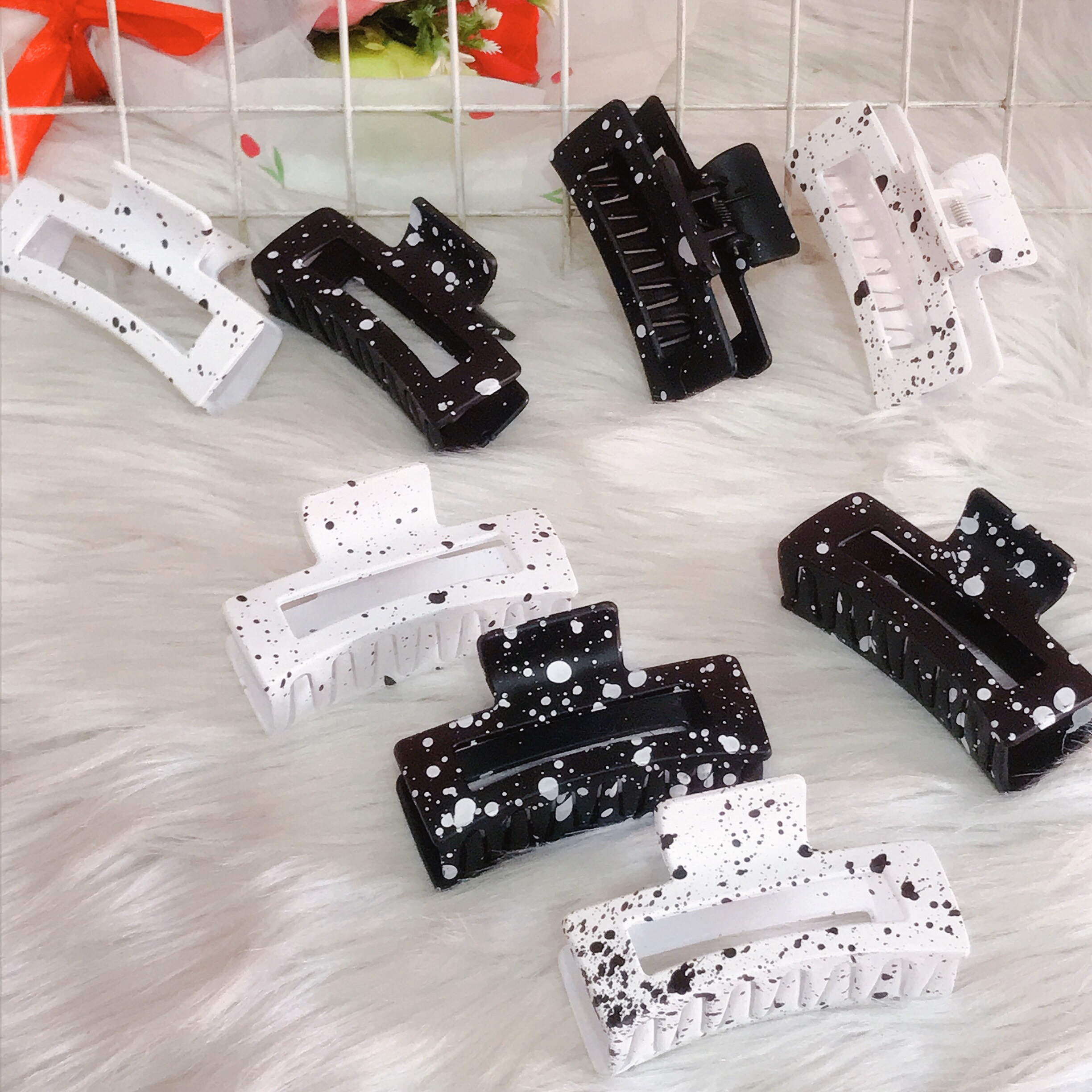 Kẹp Tóc Bò sữa Size Lớn Nhựa Siêu Bền Đẹp Thời Trang Hàn Quốc - Kẹp Càng Cua Màu Loang Trắng Đen