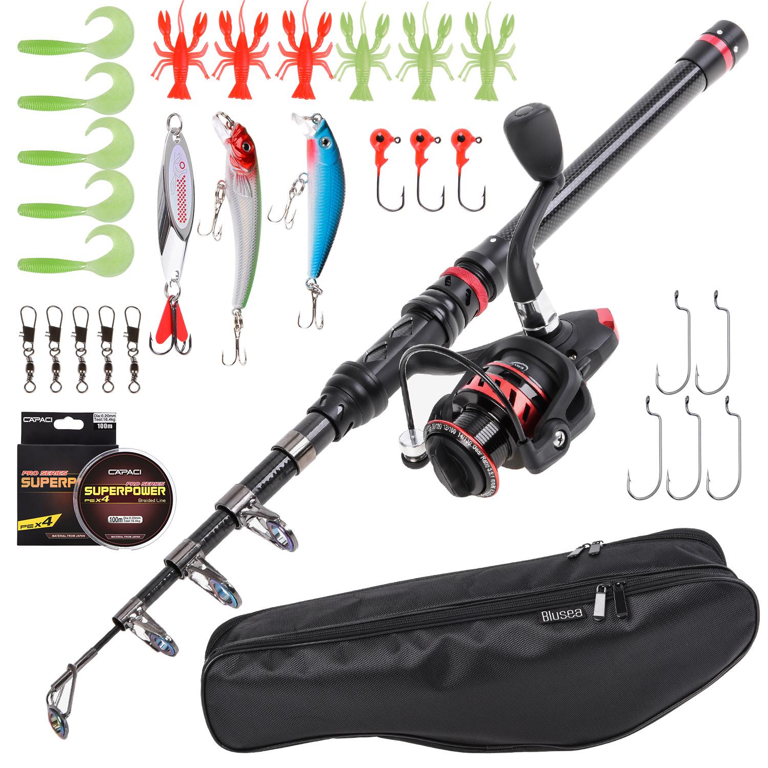 Combo Cần câu câu bằng sợi carbon, cuộn quay, dây câu, và nhiều loại mồi, móc, Với túi đựng