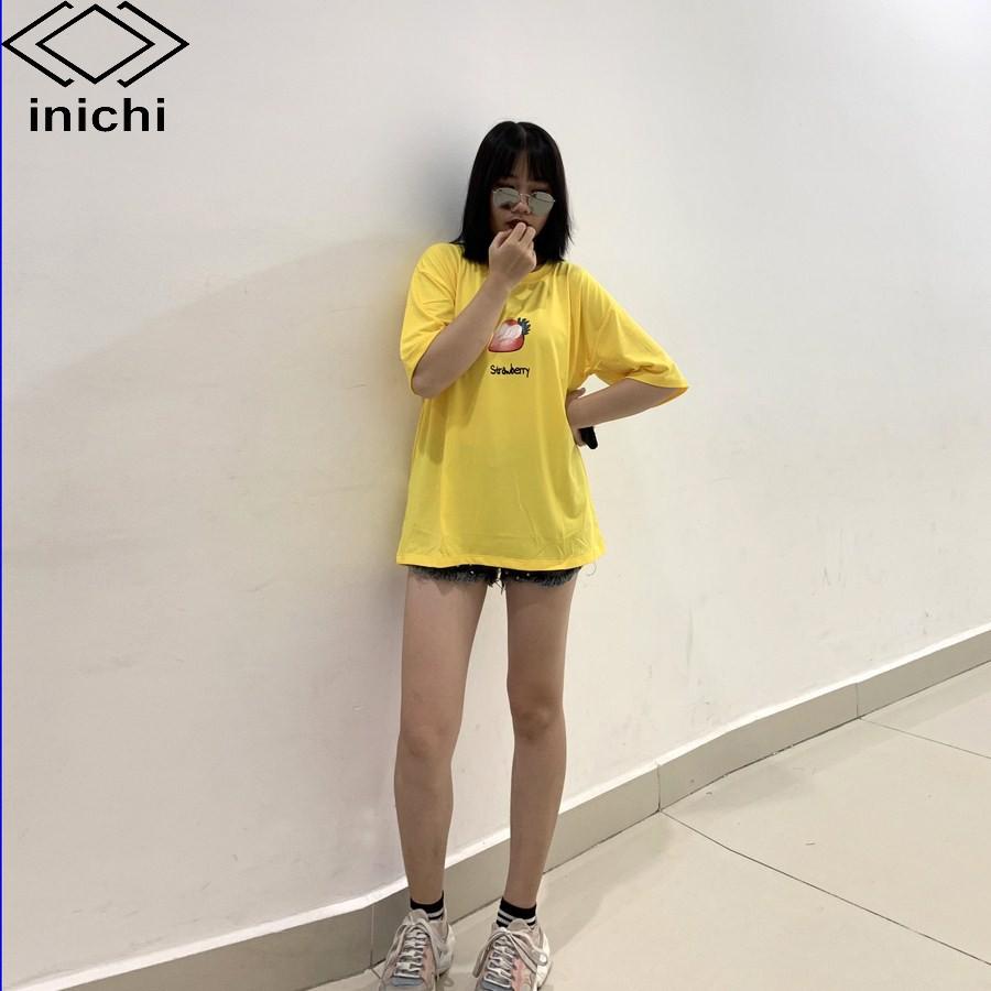 Áo thun INICHI unisex tay lỡ form rộng in hình quả dâu - IC611 màu kem