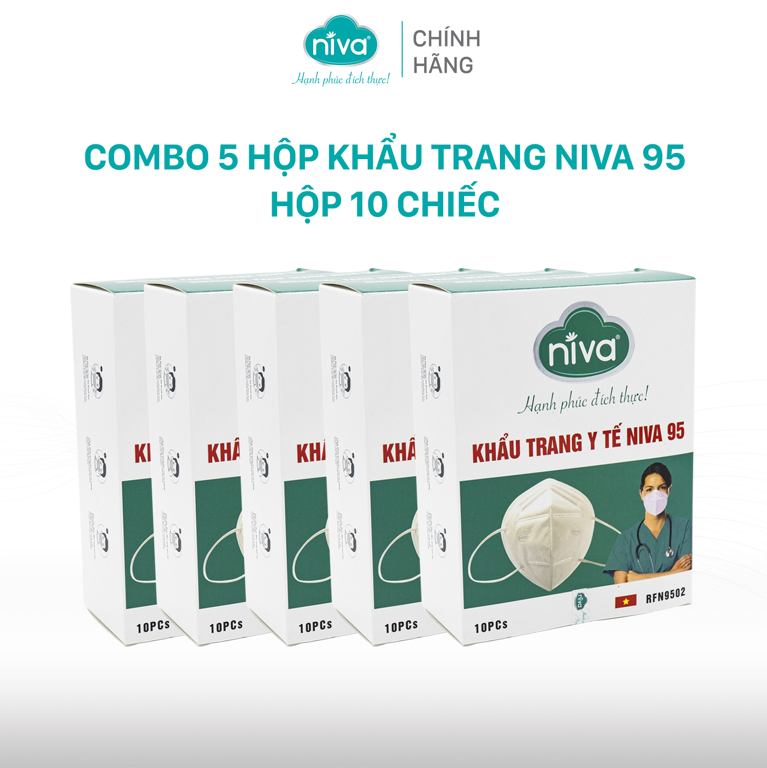 Combo 5 Khẩu Trang Niva 95 Hộp 10 Chiếc Ngăn Giọt Bắn, Lọc Vi Khuẩn, Không Gây Kích Ứng Da, Hàng Chính Hãng Cao Cấp