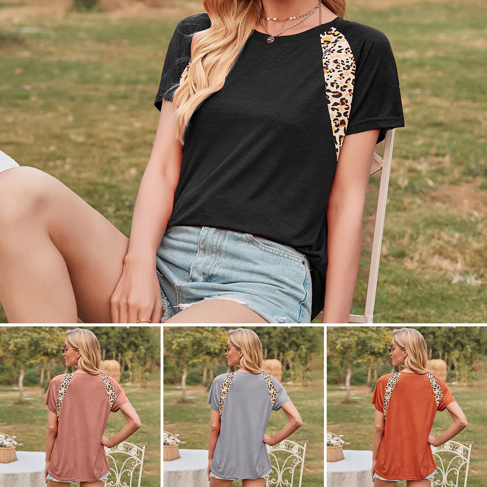 Women T-shirt O-Neck Short Sleeve Leopard Splicing Loose Fit Casual Tops