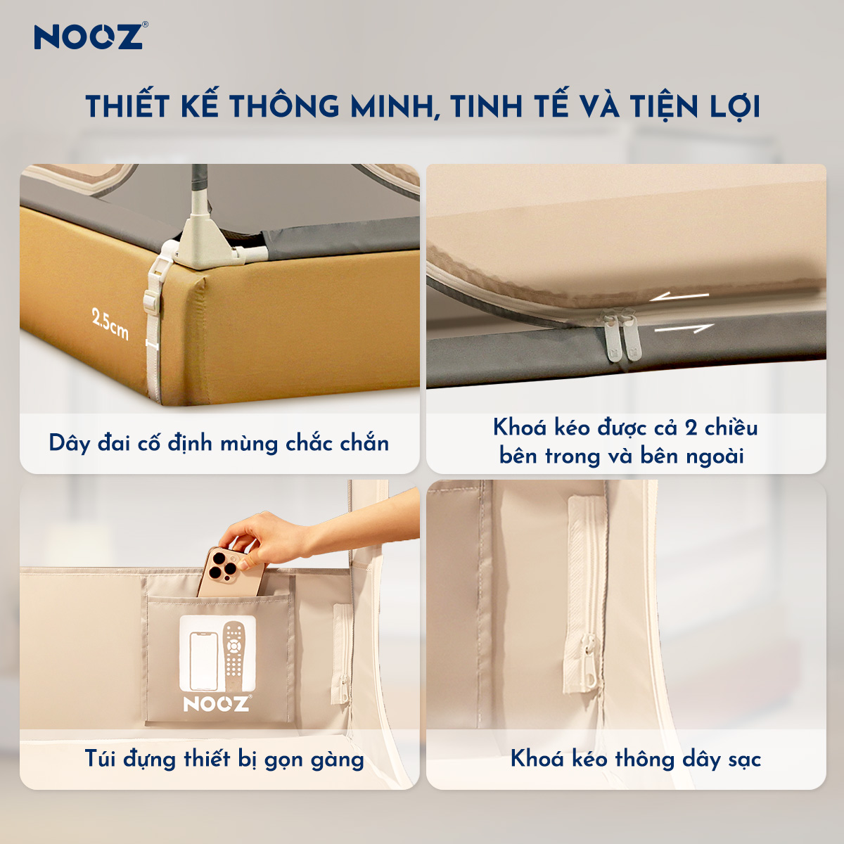 Mùng Chống Ngã NOOZ Khung Vuông Màng Chống Muỗi Dễ Lắp Đặt Không Khoan Tường NOOZ Home Goods
