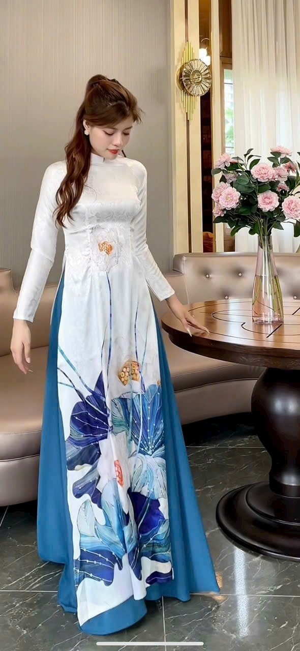 Set áo dài gấm truyền thống in hoa 6D tay dài duyên dáng