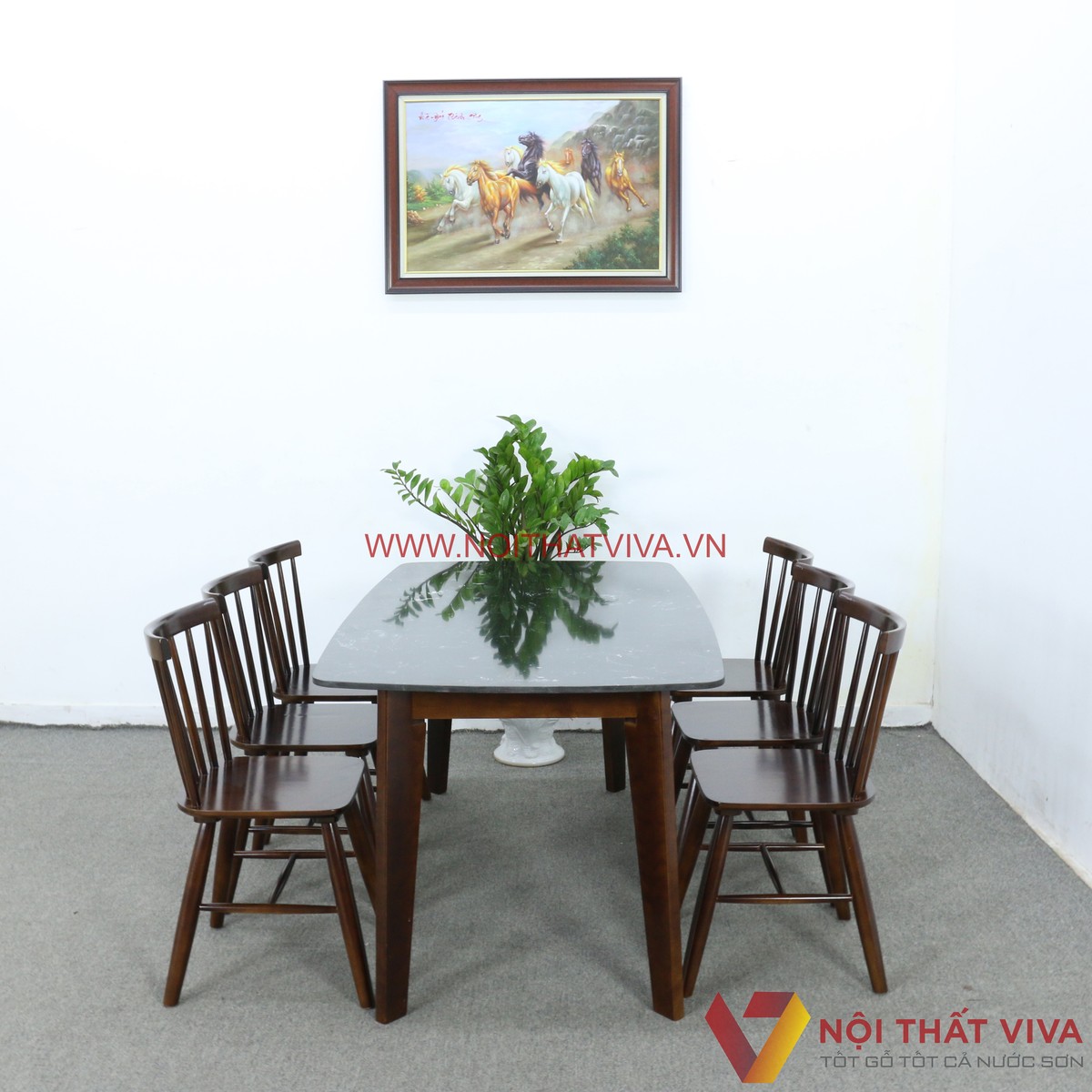 Bộ Bàn Ăn Mặt Đá 6 Ghế Giá Rẻ Gỗ Cao Su Chân Vát Đẹp Hiện Đại