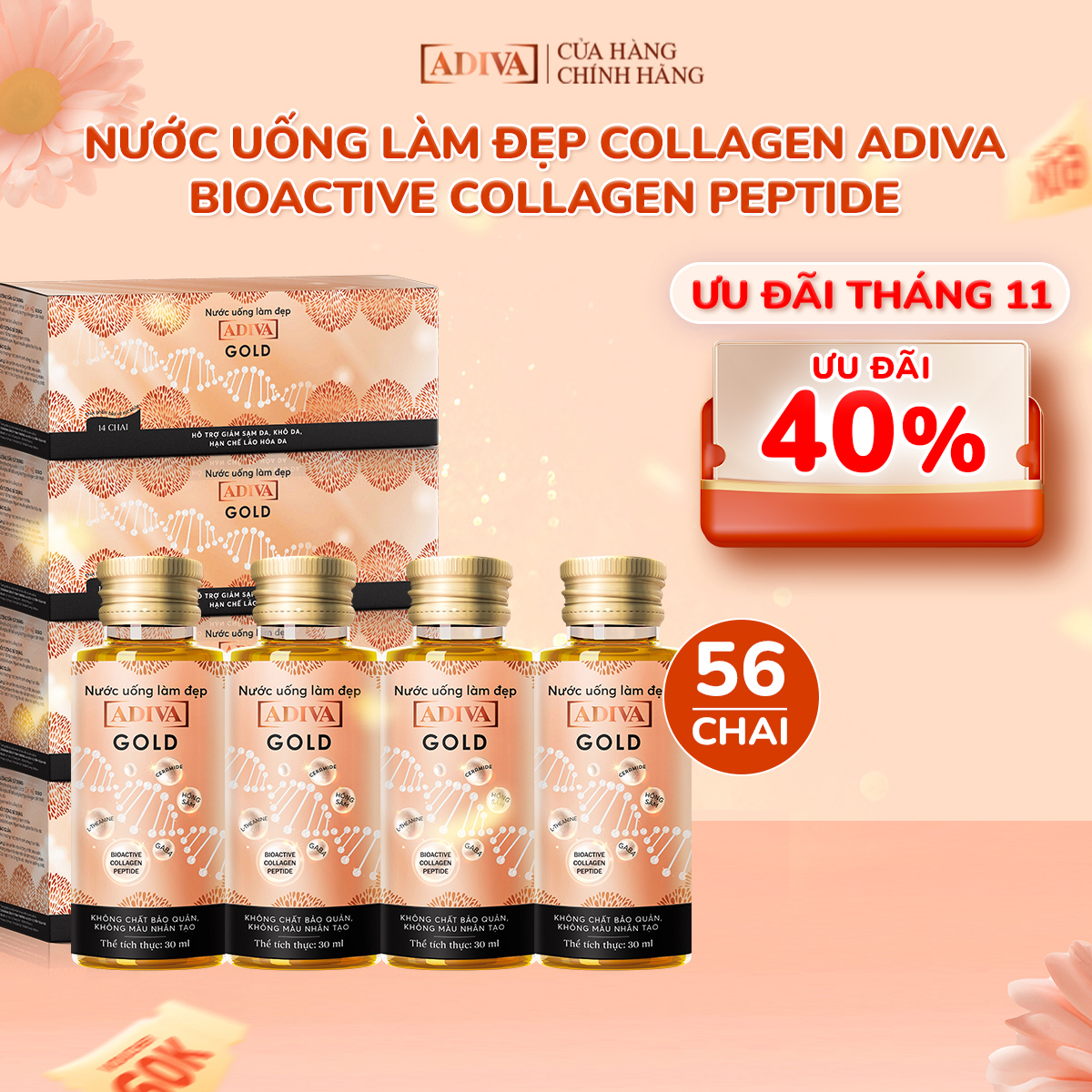 Combo 4 Hộp Nước Uống Làm Đẹp Collagen ADIVA Gold (14 Chai/Hộp)- Giúp Làn Da Căng Mịn, Giảm Nếp Nhăn Và Chống Lão Hóa