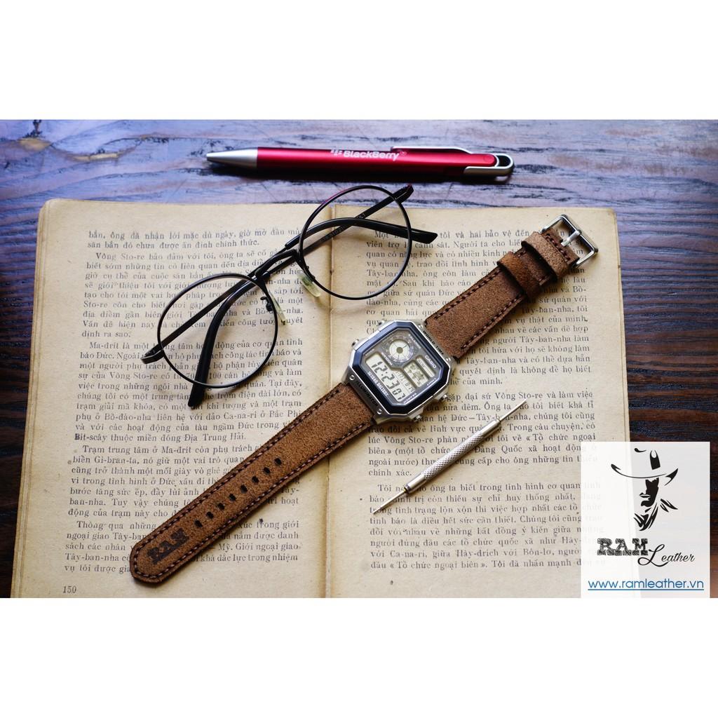 DÂY CASIO AE1200 / SEIKO 5 / ORIENT SK  DA BÒ THẬT HANDMADE - RAM CLASSIC 1960 (TẶNG ĐẦY ĐỦ KHÓA + CHỐT + CÂY THAY DÂY)